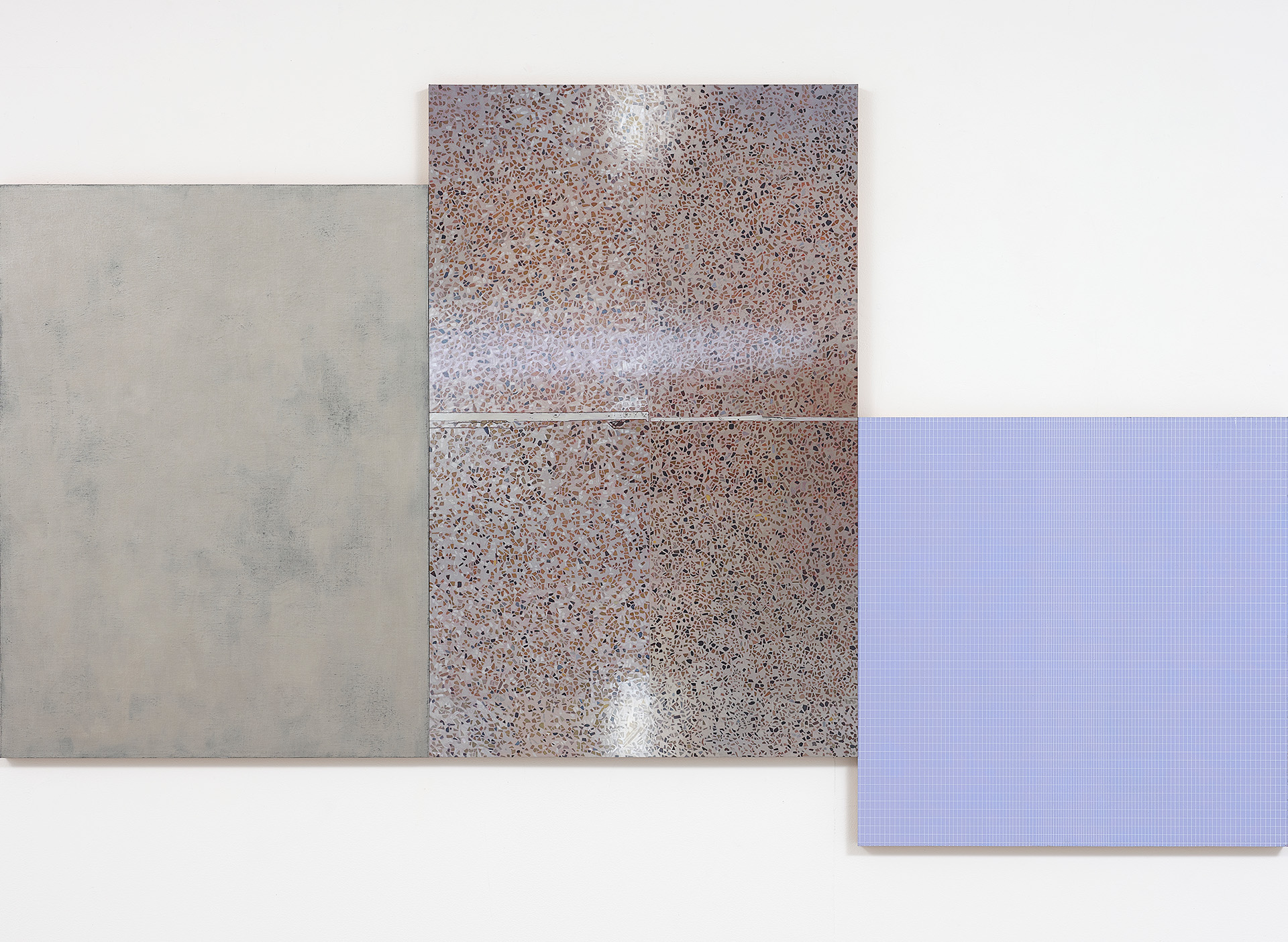 Silver, Floor, Grid, 2018, acrylic on aluminium (three panels), 821 x 1560mm. Photo: Sam Hartnett