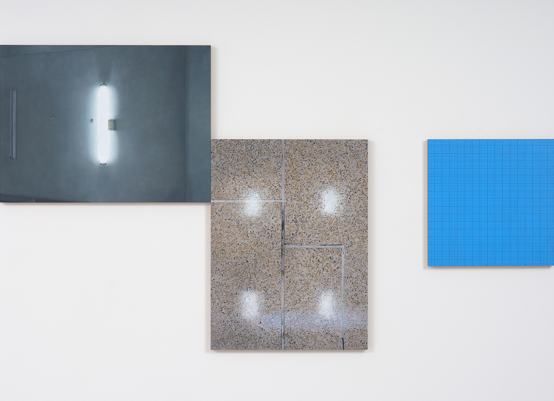 Ceiling, Floor, Grid, 2018, acrylic on aluminium (three panels), 1005 x 1835mm. Photo: Sam Hartnett