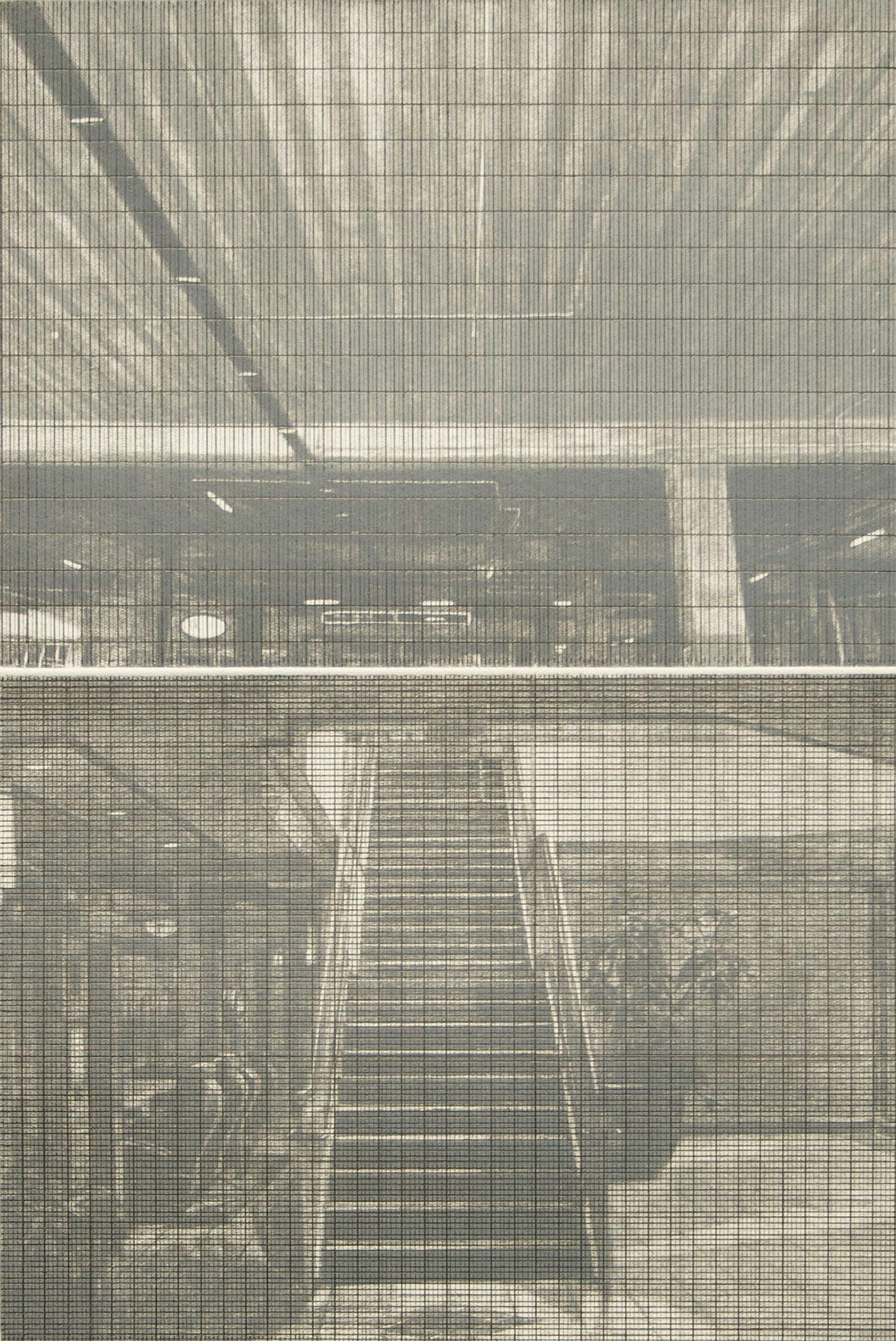 Stairs and Parking Building with Grids, 2009, burnished drypoint & graphite, 280 x 190mm