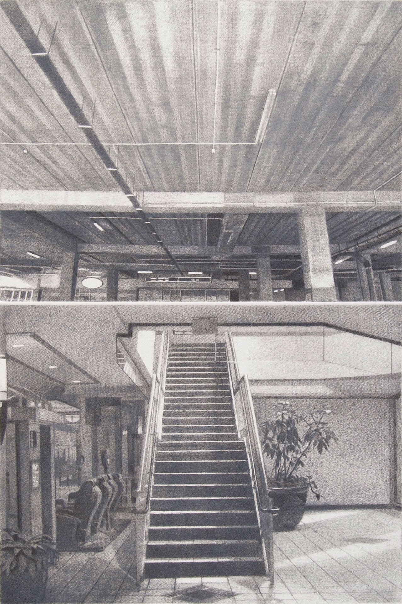 Stairs and Parking Building, 2009, burnished drypoint & pastel, 280 x 190mm, private collection