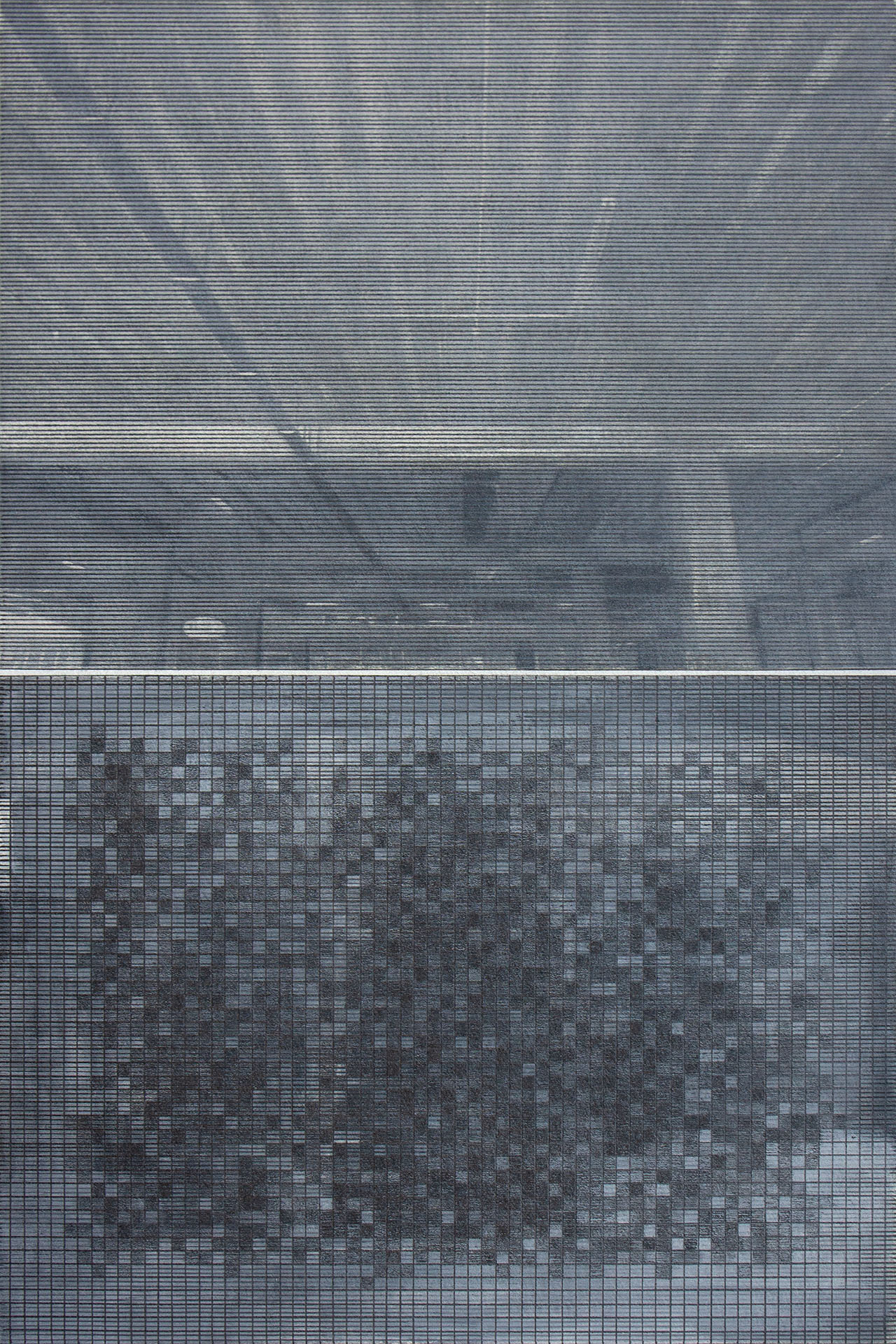 Stairs and Parking Building with Grids 3, 2009, burnished drypoint & graphite, 280 x 190mm